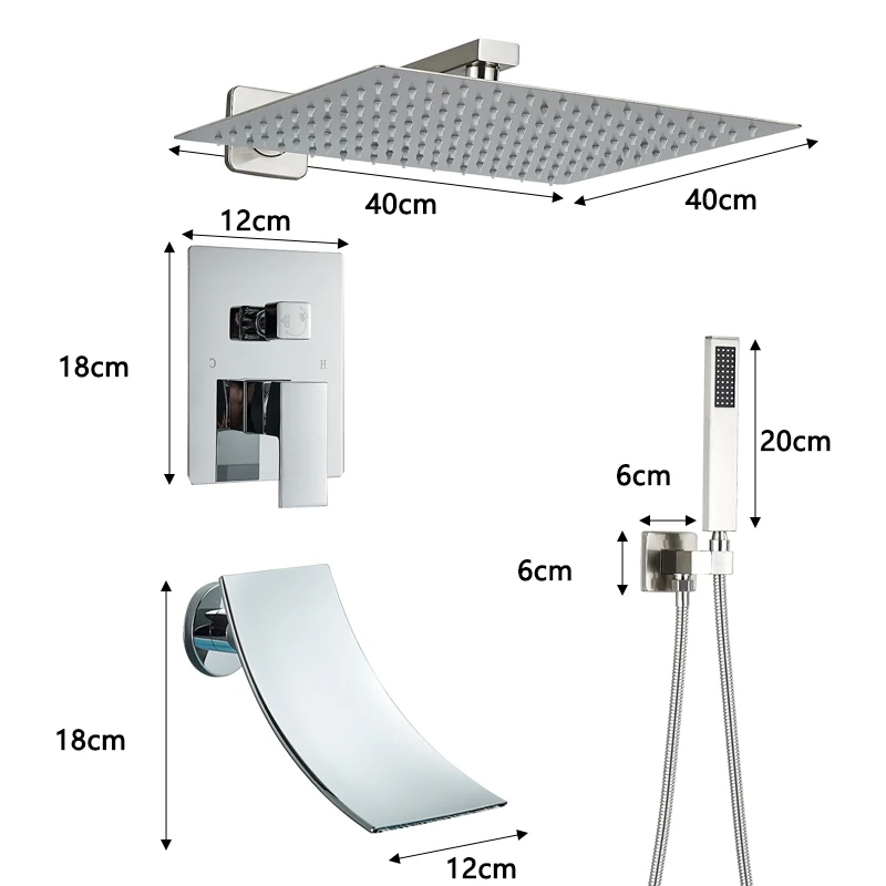 Chrome 8’/16’ Concealed Shower Faucet Set Embedded Cartridge Faucet Rainfall Shower Head Rotate/Waterfall Bath Spout Mixer Tap
