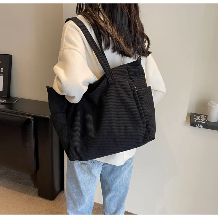 Neue Damen-Umhängetasche aus Cord, große Kapazität, Pendler-Tasche für Arbeit, Uni, tägliche Nutzung, Handtasche, Umhängetasche – Detail 21
