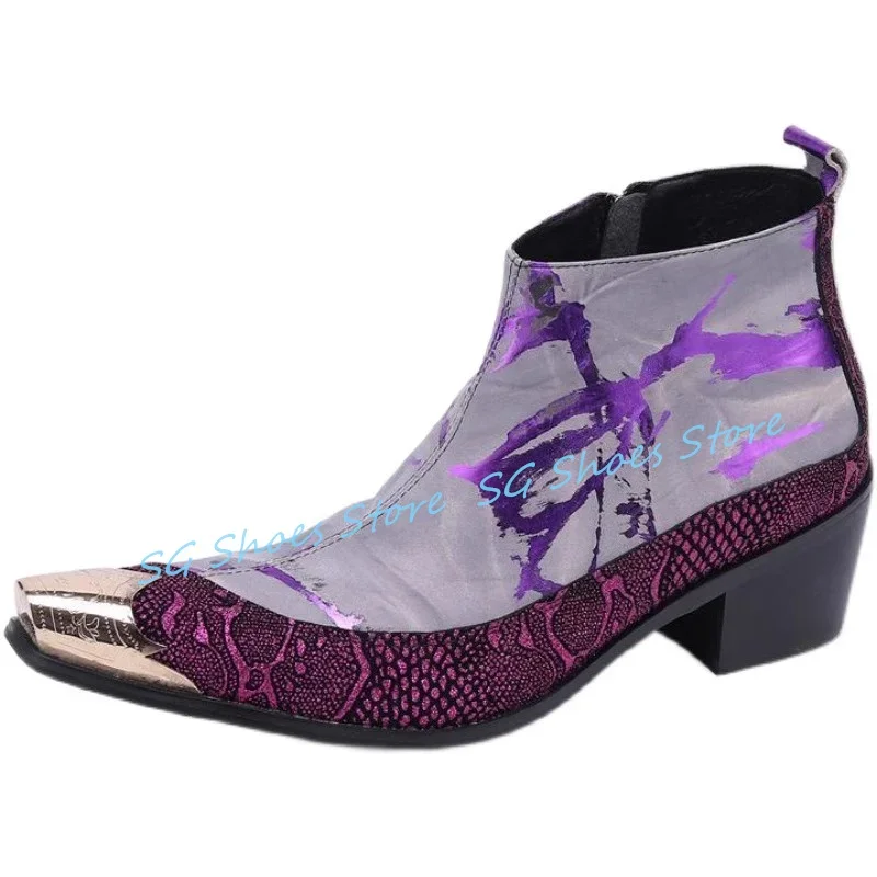 

Purple Graffiti Prints Male Ankle Boots Metal Square Toe High Top Chunky Heel Short Boots for Men Western Cowboys Boots