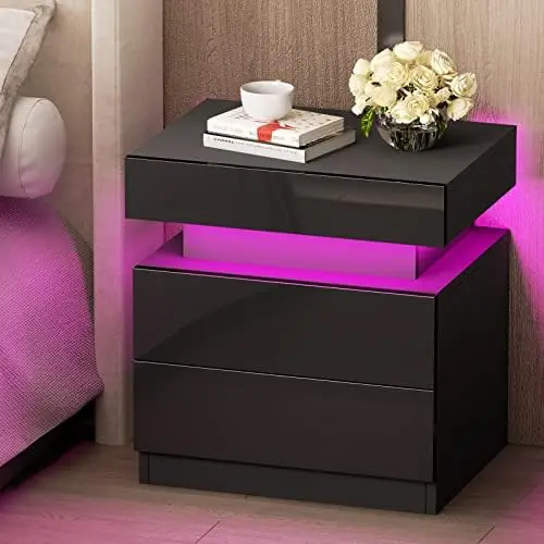 

Nightstand with LED Lights, 2 Drawers and 1 Flapping Top Box, Black Night Stand for Bedroom, Bedside Table with High Gloss Pan