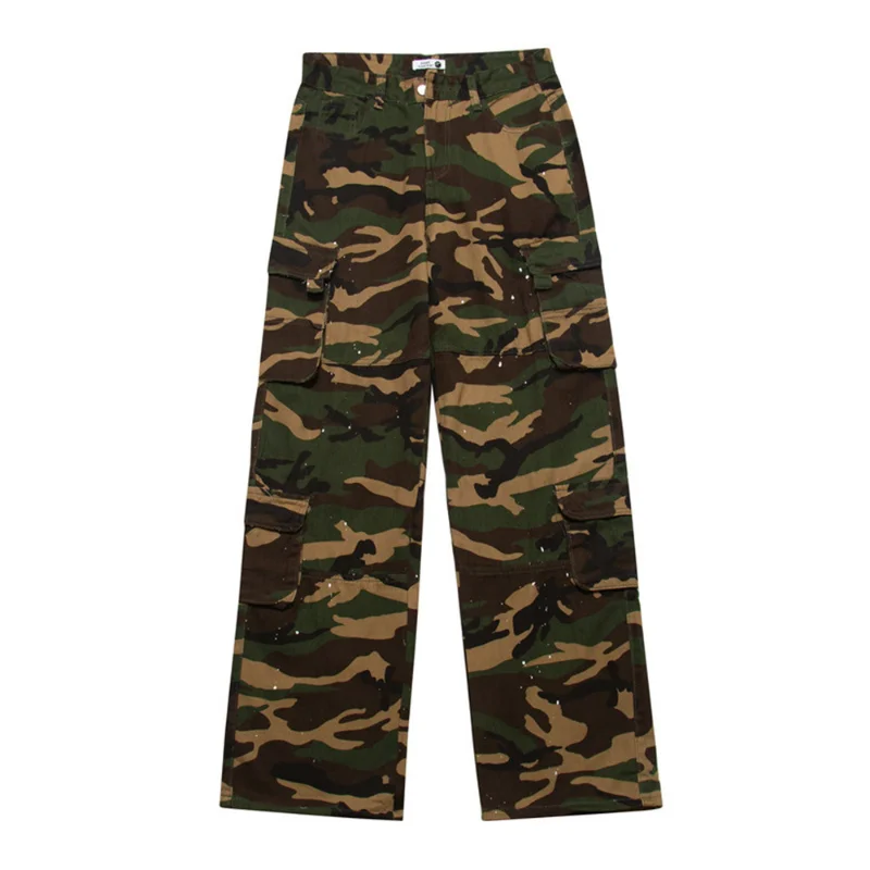 

Multi-pocket Camouflage Tactical Casual Trousers Men's Street Retro American Loose Paint Splatter Straight Wide Leg Pants