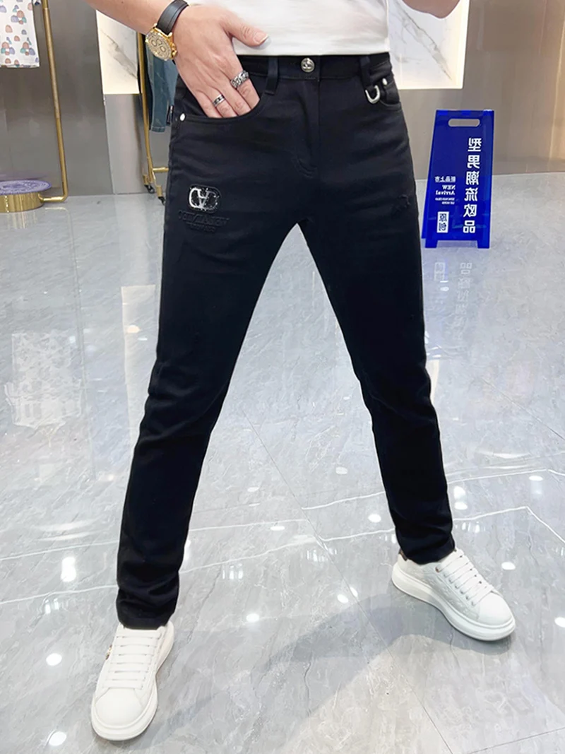 

Slim Fit Bla Jeans Men's Trendy Ripped Casual Versatile Thin Sle Youthful ular Long Pants for Spring Summer