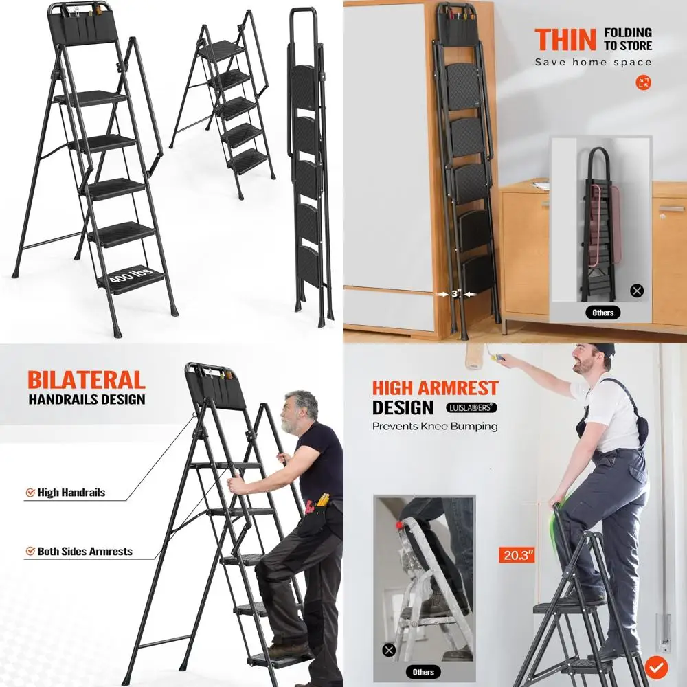 บันไดพับ 5 ขั้น พร้อมพื้นกันลื่นกว้างและราวจับ รับน้ำหนักได้ 330 ปอนด์