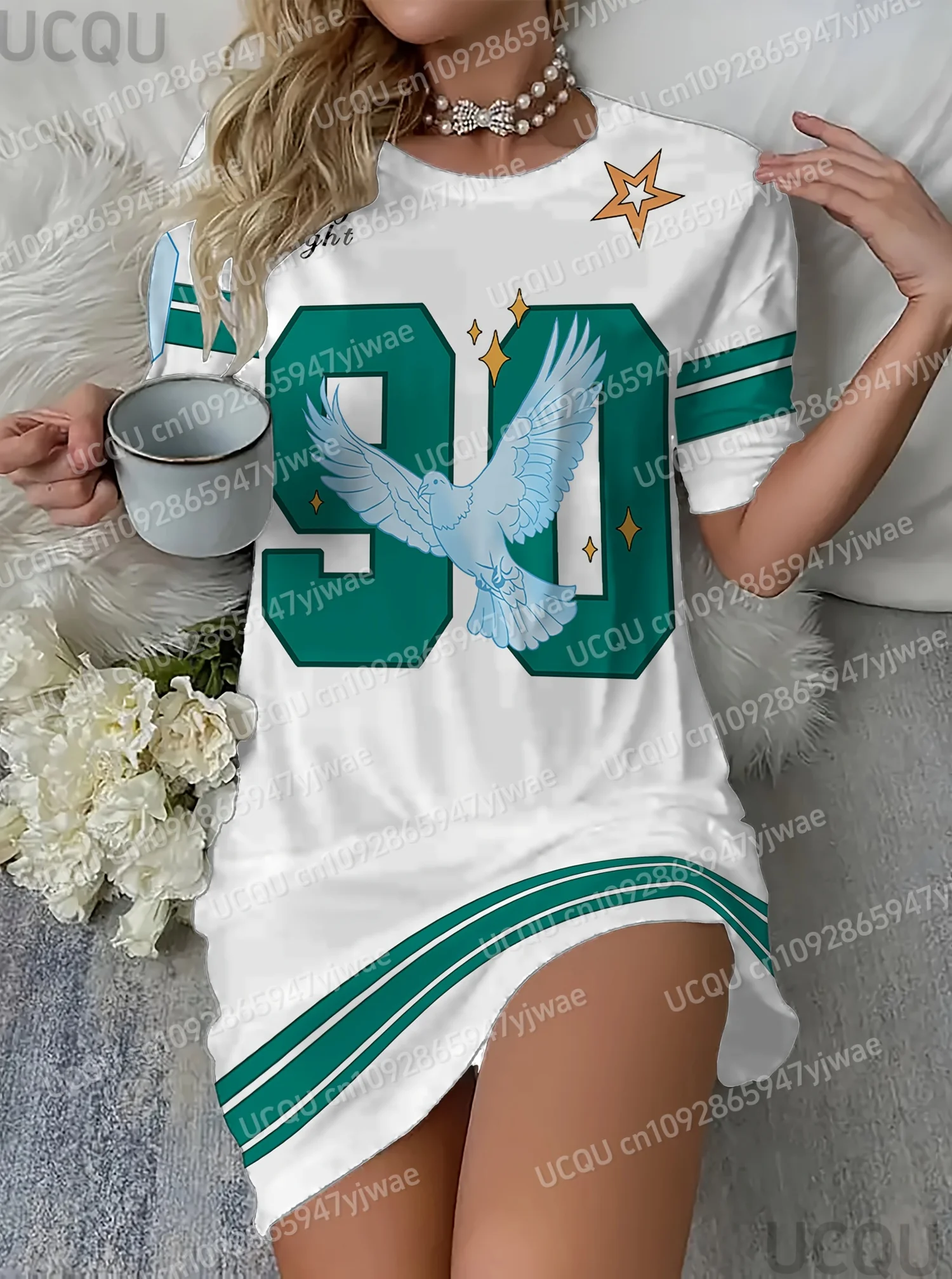 2025 Summer  Women NO.90 White Pigeon T-Shirt Dress Loose Casual  O-Neck Lady Short Sleeve Pullover Dresses Women Clothing