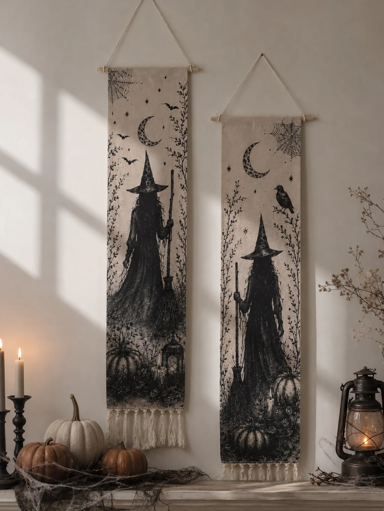 Halloween-Wandteppich mit Quasten, Gotische Hexe, Schwarze Katze, Krähe, Geisterhaus, Totenkopf-Druck, Vintage Grusel-Wandbehang Deko – Detail 28