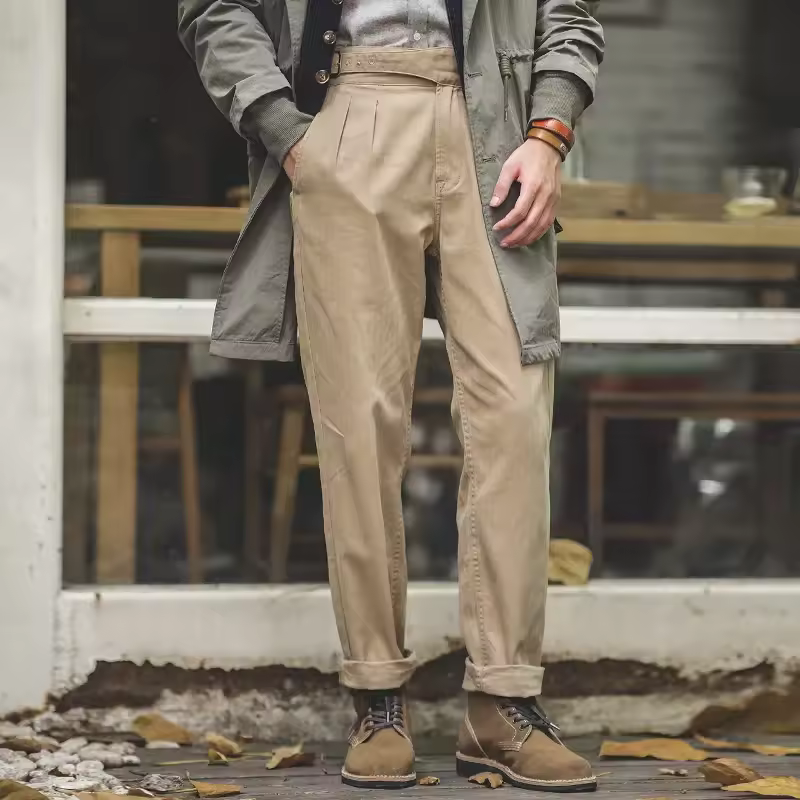 Maden Vintage Khaki Gurkha Hose, verstellbar, hohe Taille, lässige Cargo-Arbeitshose, klassische gerade Hose für Herren, Frühling und Herbst