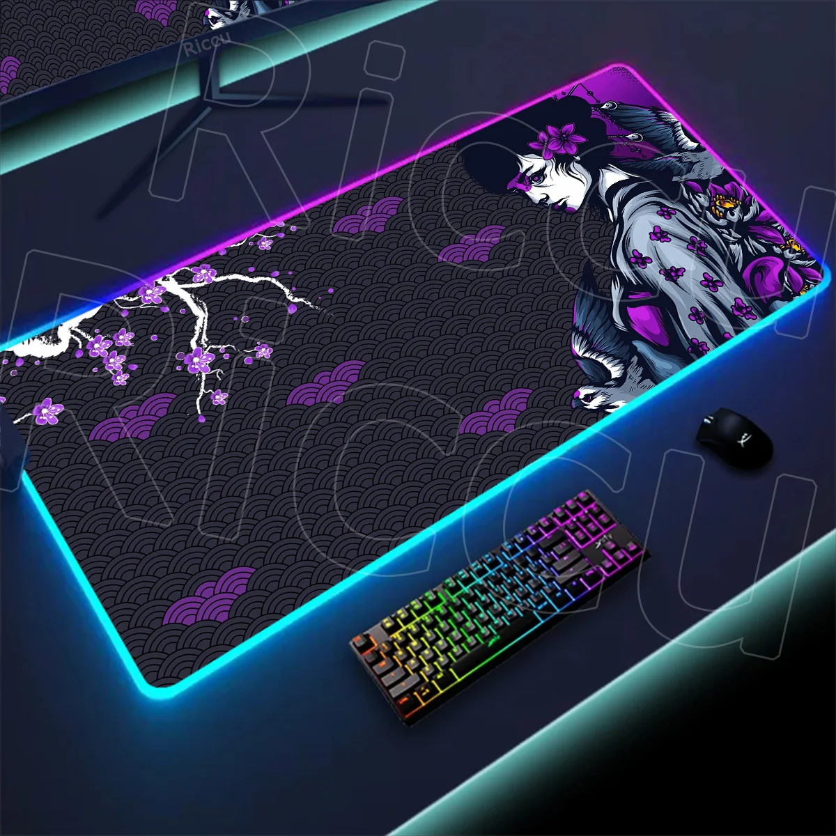 

Anime Japanese Girl Mousepad RGB Art Design Sakura Mice Pad Large Gaming Non-slip Deskmat Glowing LED Carpet Backlit Keyboardpad