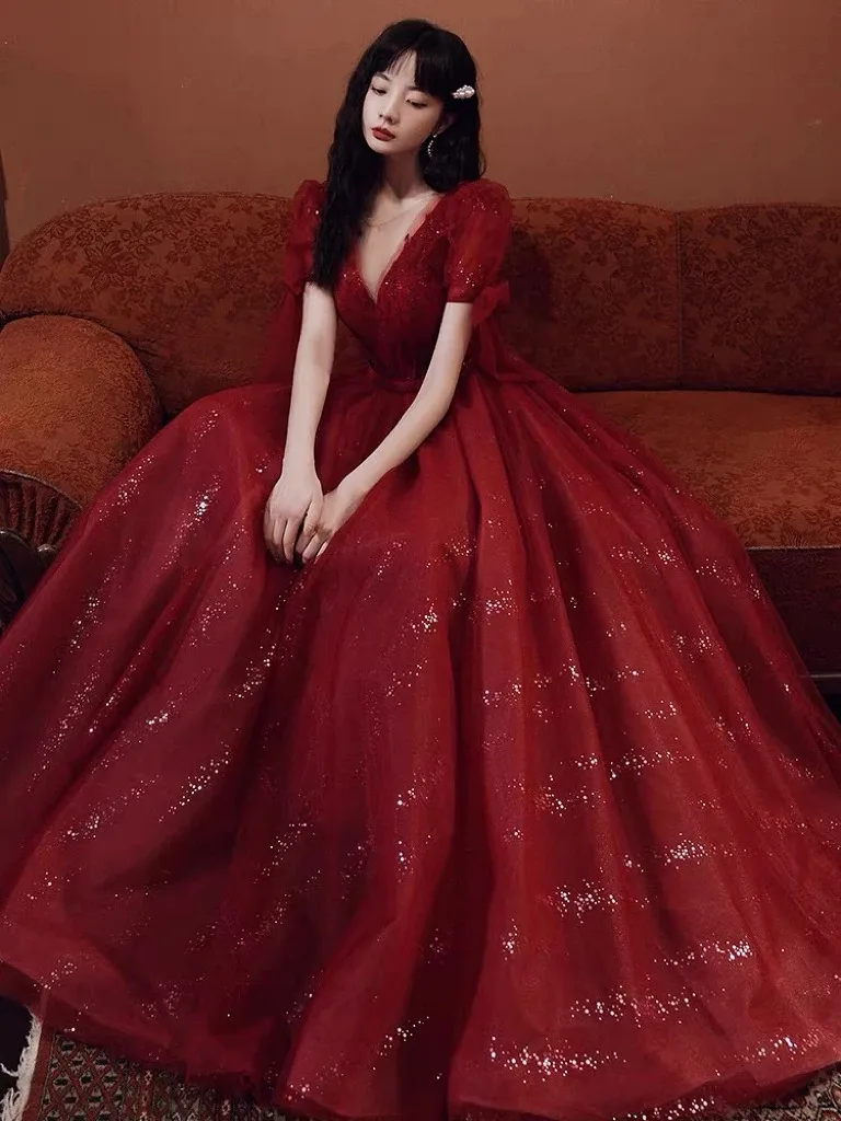 Wine Red Cocktail Dresses V-Neck Ribbon A Line Puff Sleeve Tulle Sequin Beaded Gown Prom Party Bridal Toast Clothing Robe De