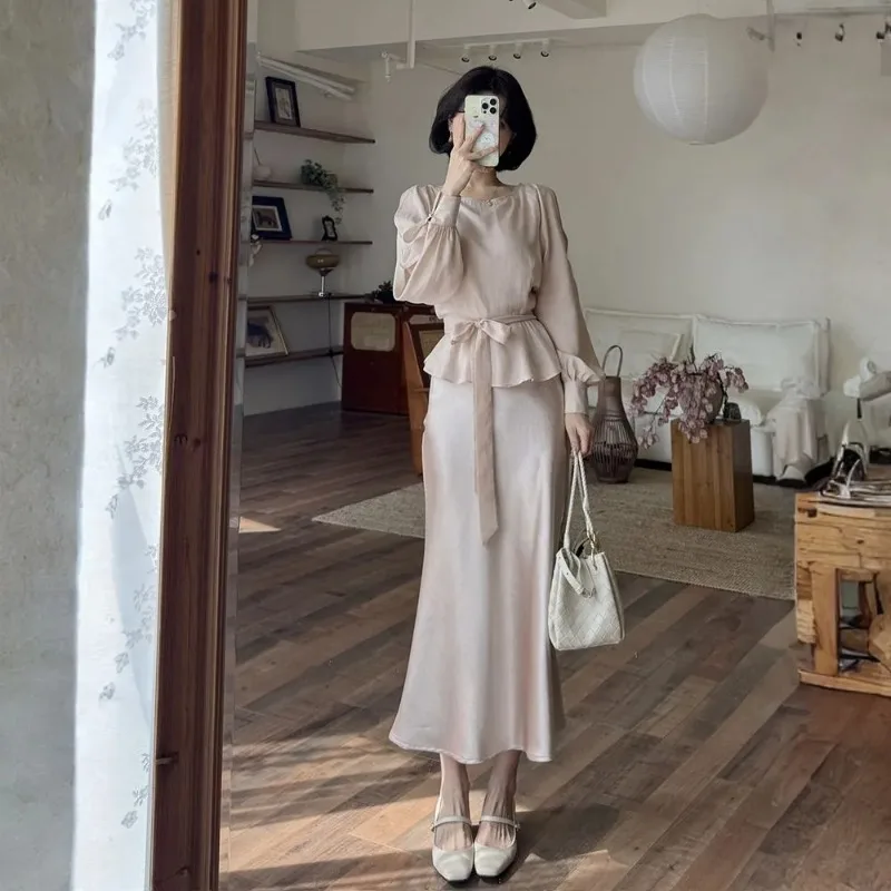 

Women's Beige Two Piece Set Long Sleeve Blouse With Peplum Waist And Midi Skirt Elegant Casual Office Outfit