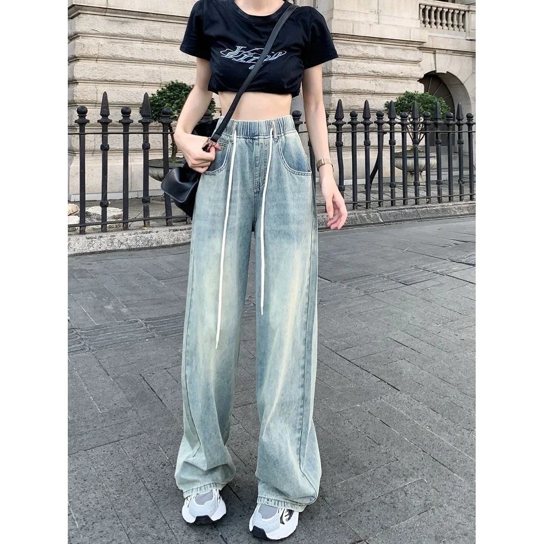 Lange Damen-Hose mit lockerer Passform, schlankmachender Wirkung, Stretch-Denim, bodenlange Hose, hohe Taille, weites Bein, gerades Bein