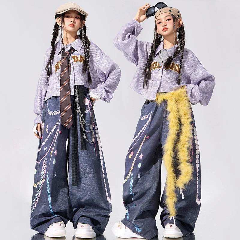 

Одежда для джазовых танцев для девочек, наряд Kpop, детская школьная одежда для выступлений, фиолетовая короткая рубашка, мешковатые штаны, одежда для уличных танцев 3081