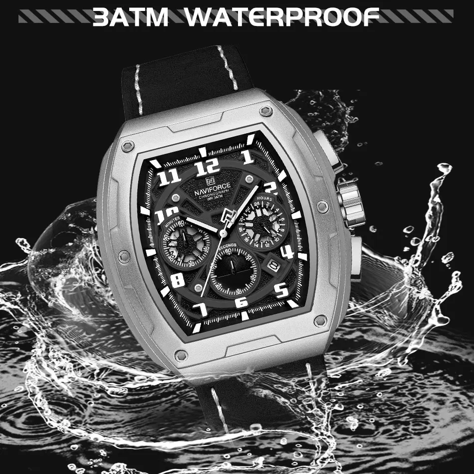 NAVIFORCE Quartz Watch Men Military Sport Chronograph Wristwatch Luminous Hands Auto Date Leather Strap Waterproof Watches 2024