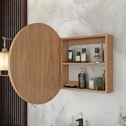 Japanese Bathroom Round Mirror Cabinets Solid Wood Modern Simple Bathroom Cabinet Wall-mounted Mirror Box With Storage Rack