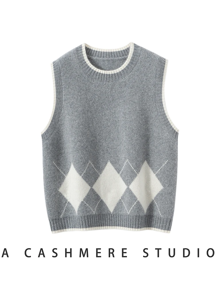 Damski sweter z kaszmiru 100%, wzór argyle, dekolt okrągły, kamizelka, pulower, styl art retro preppy, dzianina kaszmirowa, jesienno-zimowe topy bez rękawów.