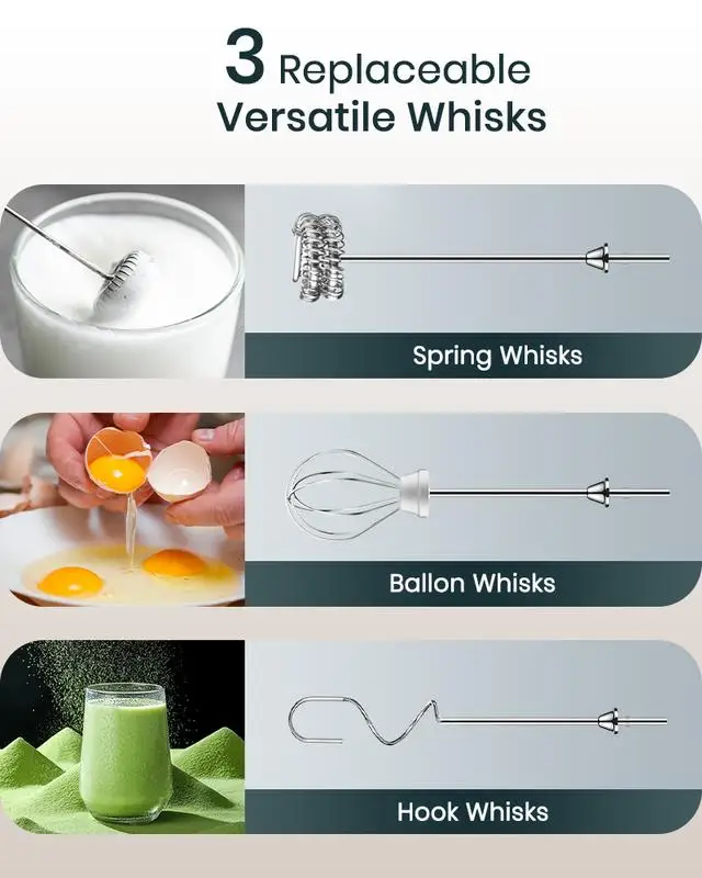 خفاقة كهربائية محمولة قابلة لإعادة الشحن مع 3 رؤوس مزبدة و3 إعدادات للسرعة لصانع مشروبات خلط رغوة القهوة #3