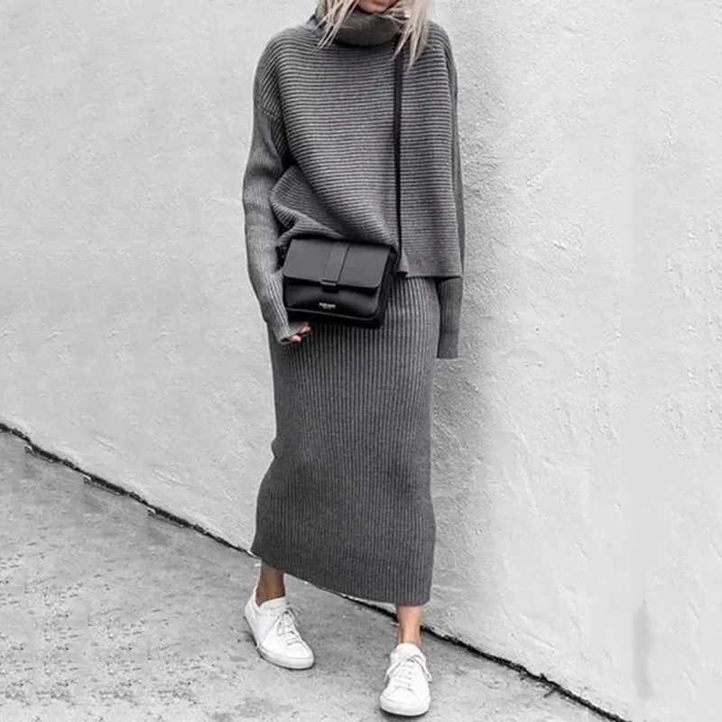 

Knitted 2-piece Set Women's Fall/winter Leisure High Neck Loose Sweater +Knitted Skirt Suit Elegant and Fashionable Knitted Suit