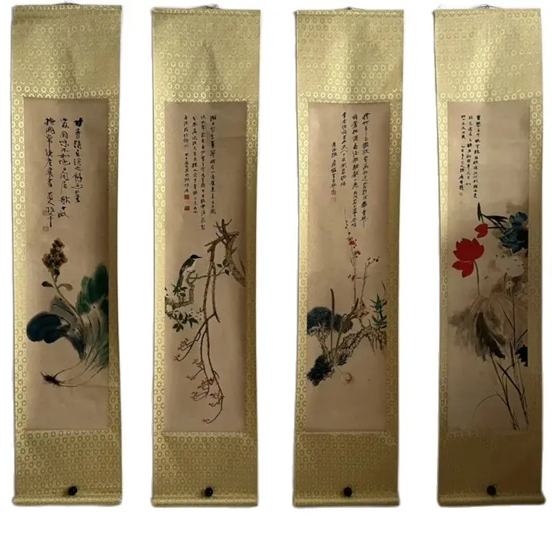 

Collection of Chinese Scroll Four Couplet Mural Famous hand drawn artists Paintings Zhang Daqian's Flower Picture