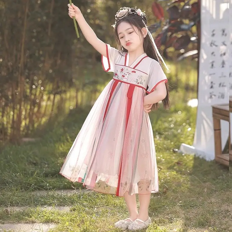 

Hanfu Girls' Summer 2024 New Ancient Style Dress Summer Girls' Tang Suit Children's Super Fairy Ancient Costume Cheongsam