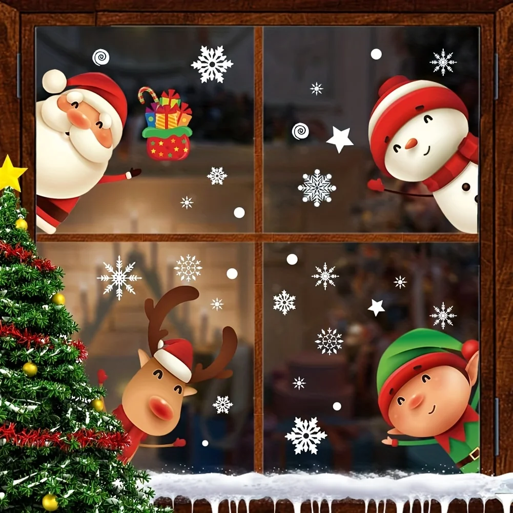 Weihnachts-Fensteraufkleber – Weihnachtsmann, Rentier, Schneemann und Schneeflocken-Designs, doppelseitige PVC-Aufkleber für Glas