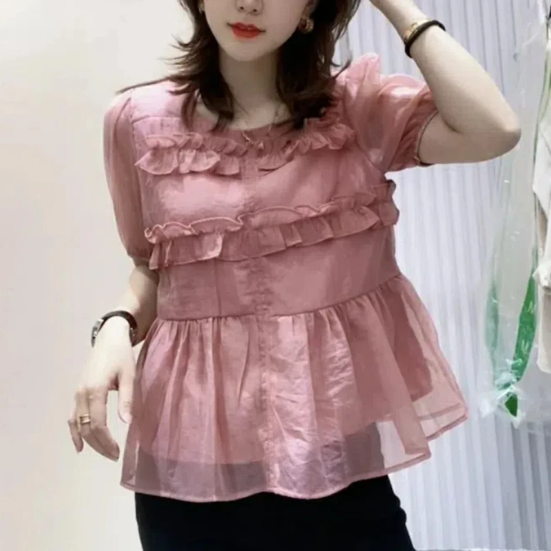 Lantern Short Sleeve Ruffles Folds Solid Color Summer Pullover T-shirt Fashion Casual Elegant Clothes for Women Crew Neck Tops