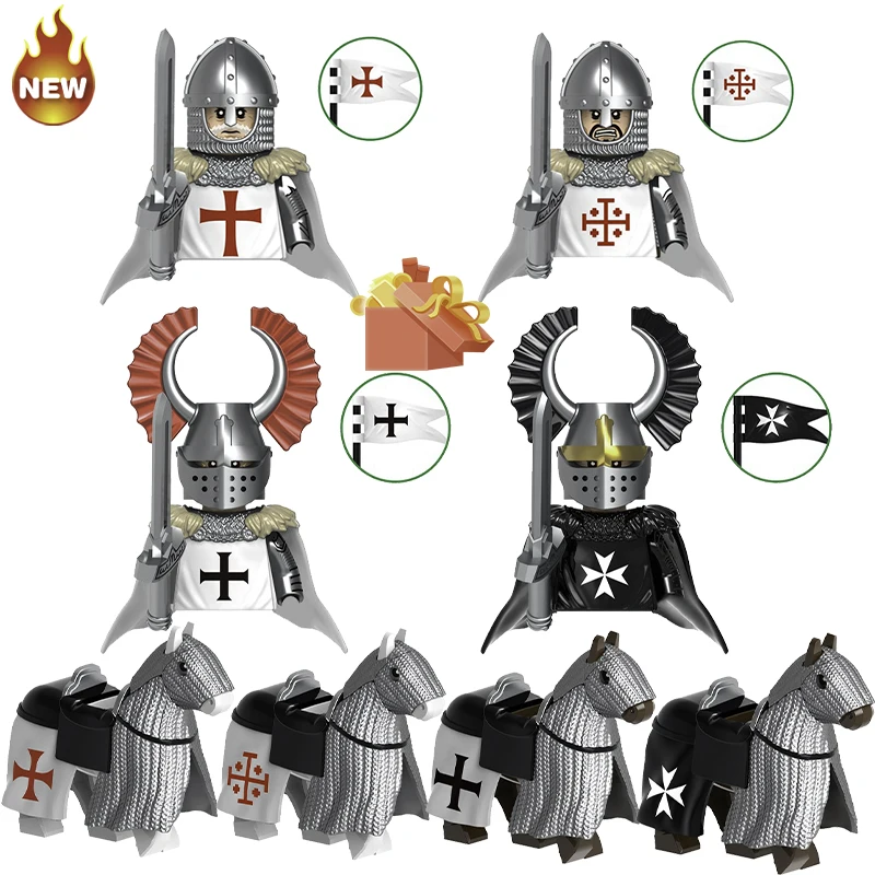 Moc Medieval Castle Empire Teutonic Crusader Figure Heavy Horse Knights Hospitaller Kids Blocks Toys Gift Boys Girls Juguetes