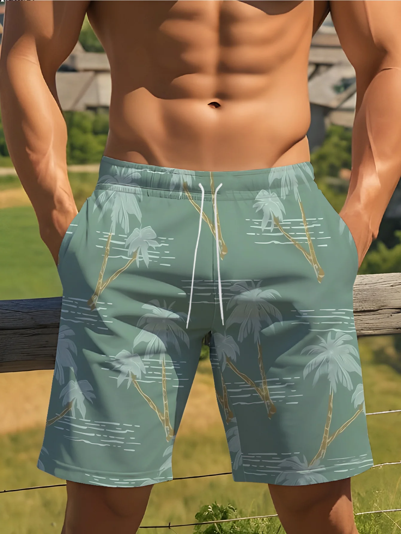 Bermudas Masculinas de Verão de Secagem Rápida, Estampa Tropical de Palmeira e Ondas Verde Sálvia, Shorts Casuais com Cordão e Bolsos