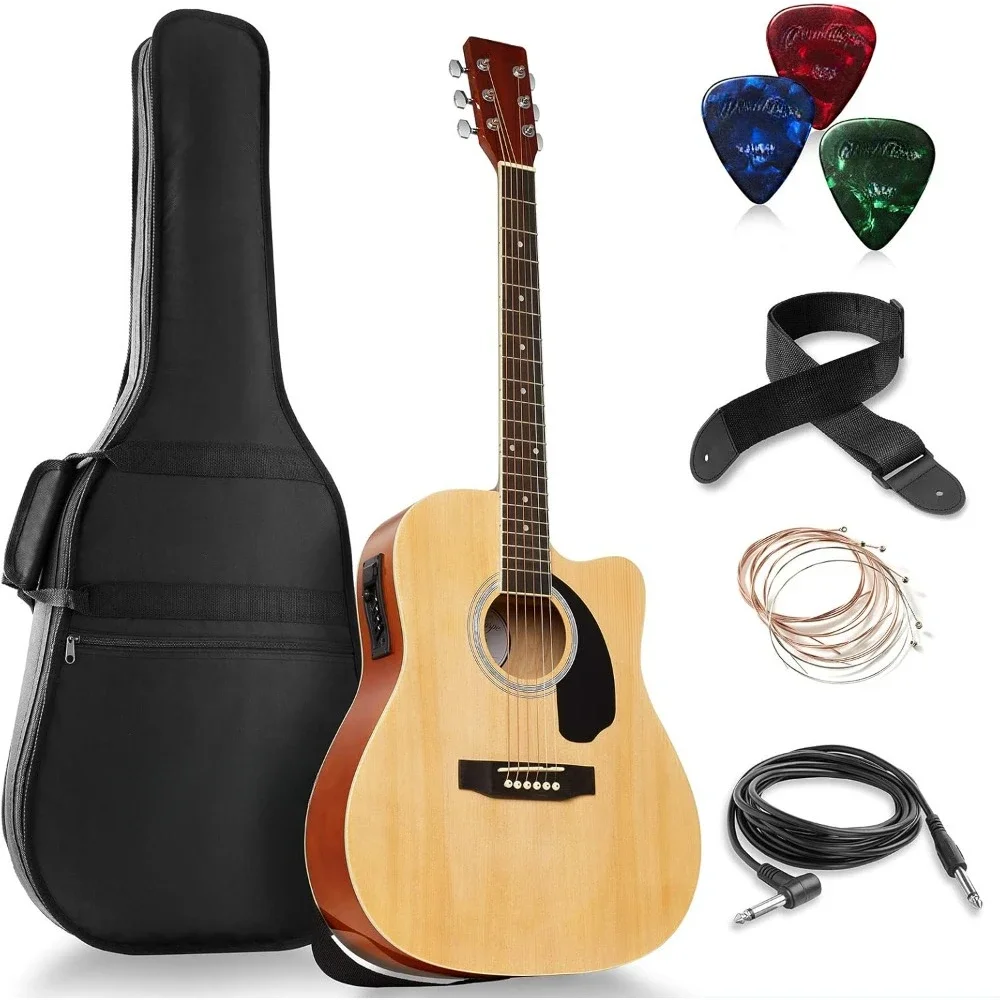 

Guitar Full-Size Dreadnought Cutaway Acoustic-Electric Bundle - Premium Tonewoods - Natural