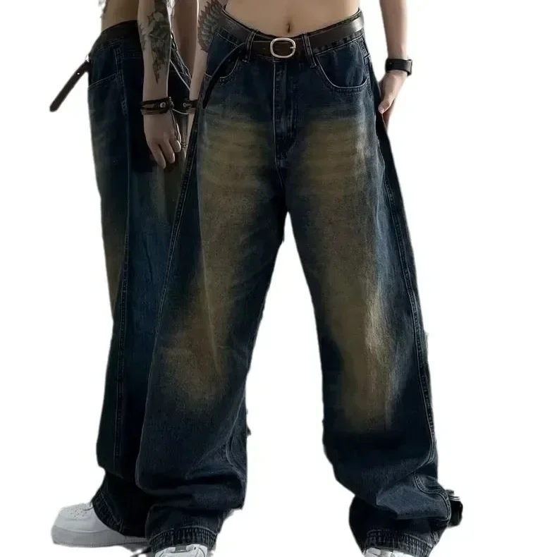 

Women Jeans Distressed Full Length Wide Leg Denim Pants Spliced Zipper Fly Vintage Jean Pockets High Street Loose Fit Washed