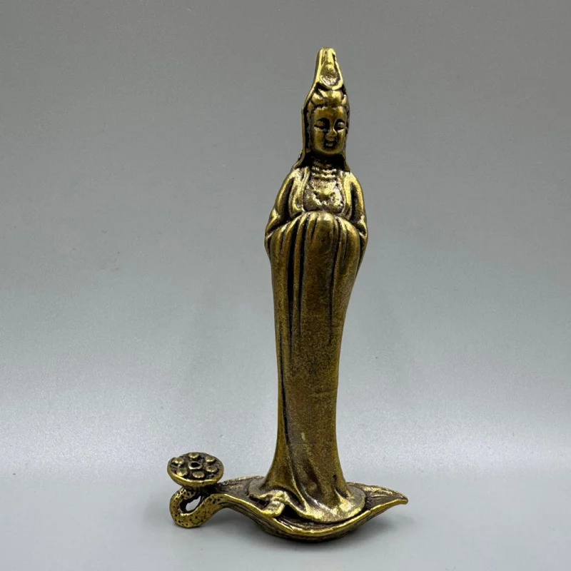 

Bronze One-Leaf Guanyin Standing Bodhisattva Buddha Statue Ornament Tea Ceremony Desktop Decoration Craft Incense Holder Ornamen