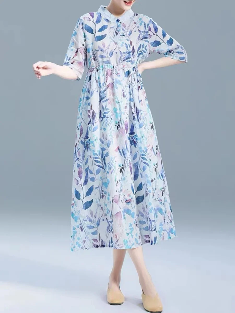 المرأة الصيف ألف خط ميدي الدكتور الأزهار طباعة الكتان القطن مزيج تنورة الرجعية ort Sve دمية طوق خمر Sle Dr