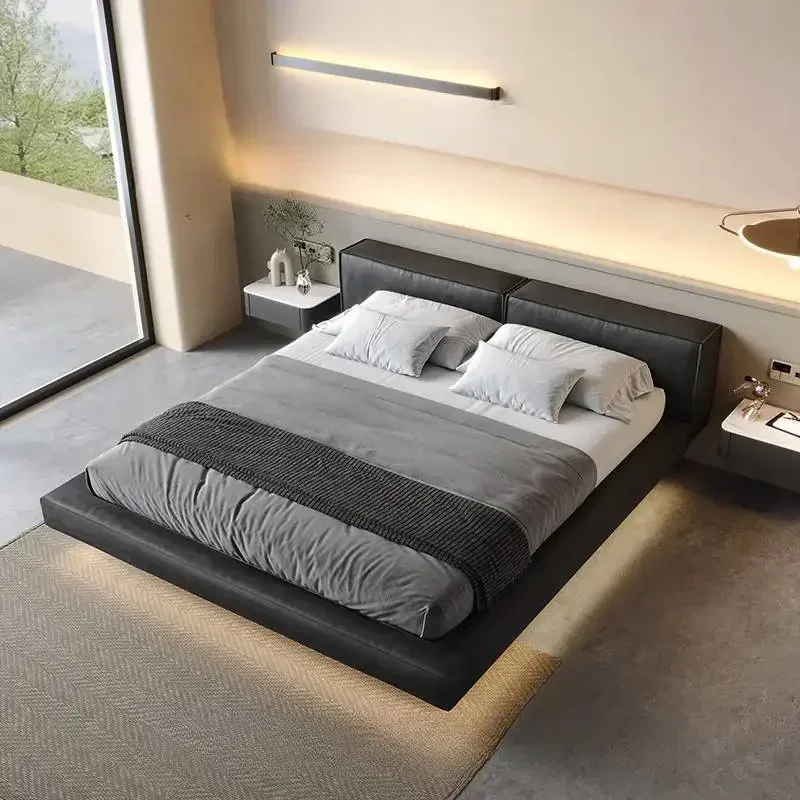 T Designer Black Double Bed Waterproof Full Size Modern Wooden Double Bed Luxury Platform Floor Camas De Dormitorio Furniture