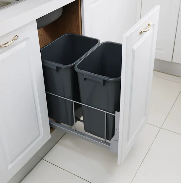 Kitchen high pull embedded hidden food waste trash can cabinet pull basket dry and wet separation door household