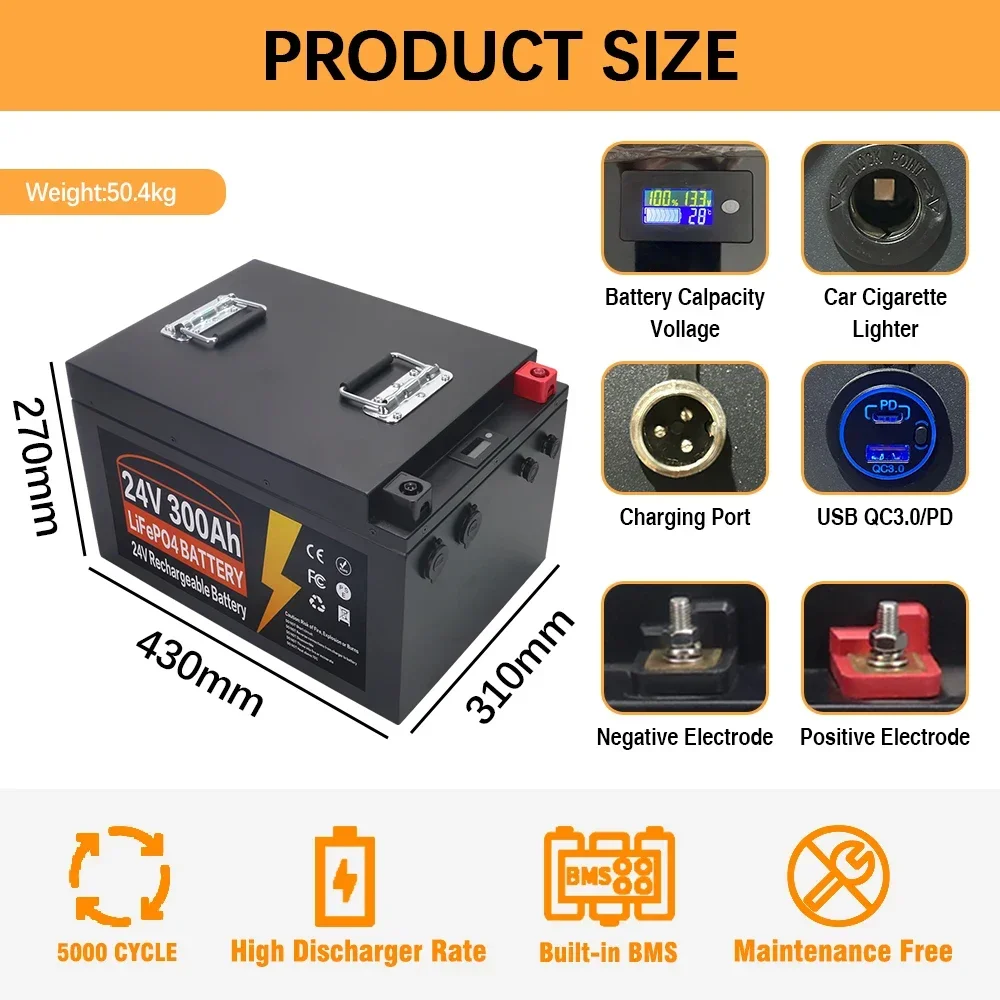 24V 300Ah LiFePO4 Lithium Iron Phosphate Battery Built-in BMS 5000 Cycles For Replacing Most of Backup Power Home Energy Storage