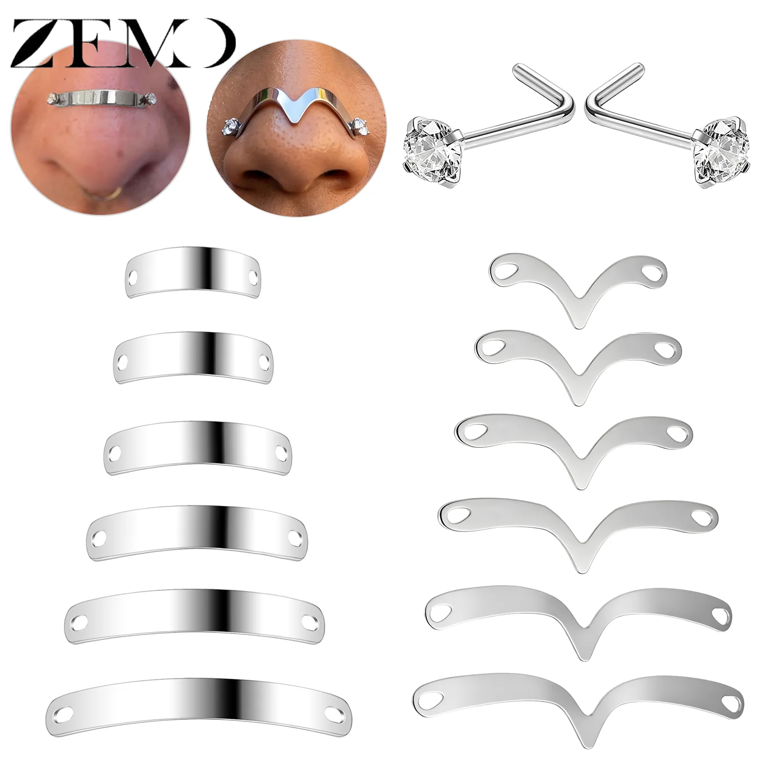 ZEMO 3-teiliges Punk Bridge Spike Nasenpiercing aus Edelstahl, Wundplast-förmiger Nasenstecker, Nasenloch-Piercing, Körperzubehör 24MM-50MM