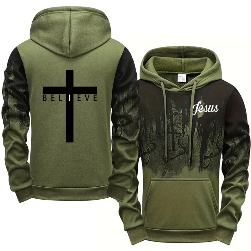 Ganzjahres-Freizeit-Sportlicher Modischer Pullover im Jesus-Kristus-Stil für Herren, Hochwertige Kapuzenpullover mit Kreuz-Print – Detail 4