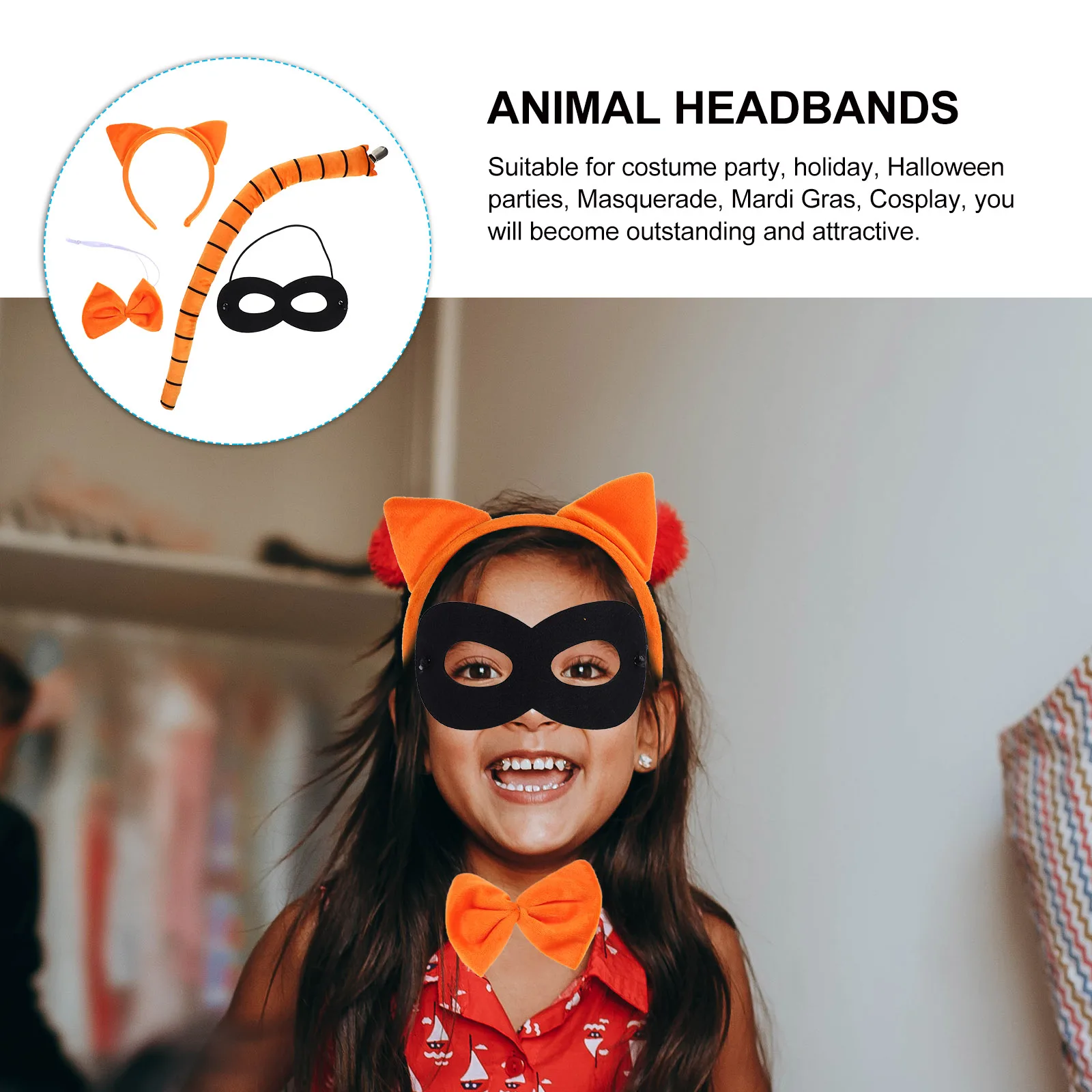 

4 Pcs Cat Costume Set Cat Ears Headband Bowtie Tail With Eye Mask Fancy Animal Costume Accessories For Halloween Cosplay Party