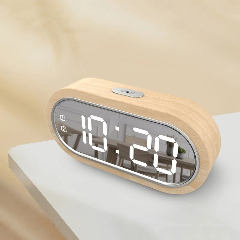 Beech Wood Digital Clock Dual Alarm Snooze USB Alarm Clock Table Thermometer Electronic LED Wooden Desk Clock 4-Level Brightness