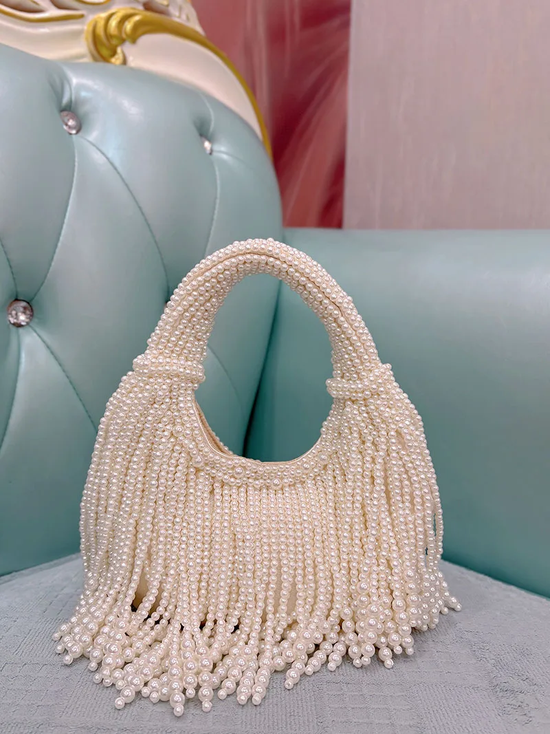 

Fashionable Long Tassel Design Women's Handmade Evening Bag Unique Chain Crossbody Bucket Bag Female Luxury Pearl Beaded Handba