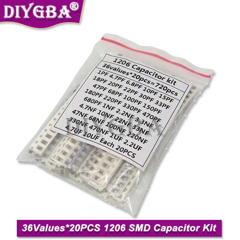 320PCS 720PCS 0603 0805 1206 SMD Capacitor Kit Assorted Kit 16/36Values 1PF ~ 1UF New HJXRHGAL