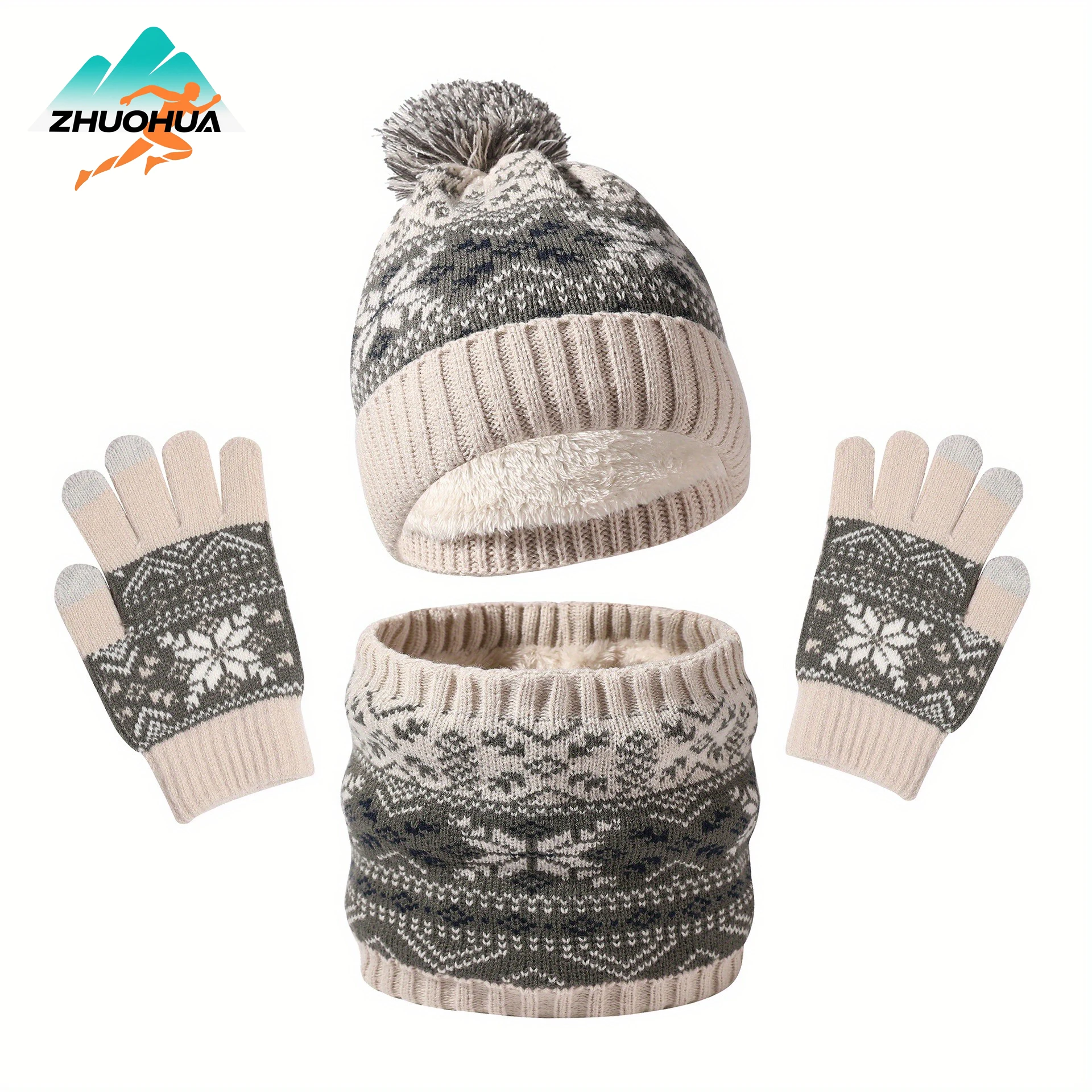 ZHUOHUA شتاء دافئ طالب لطيف ندفة الثلج محبوك الصوف مبطن قبعة وشاح قفازات ثلاث قطع مجموعة للأصغر سن 5 إلى 10 فتاة صبي #1