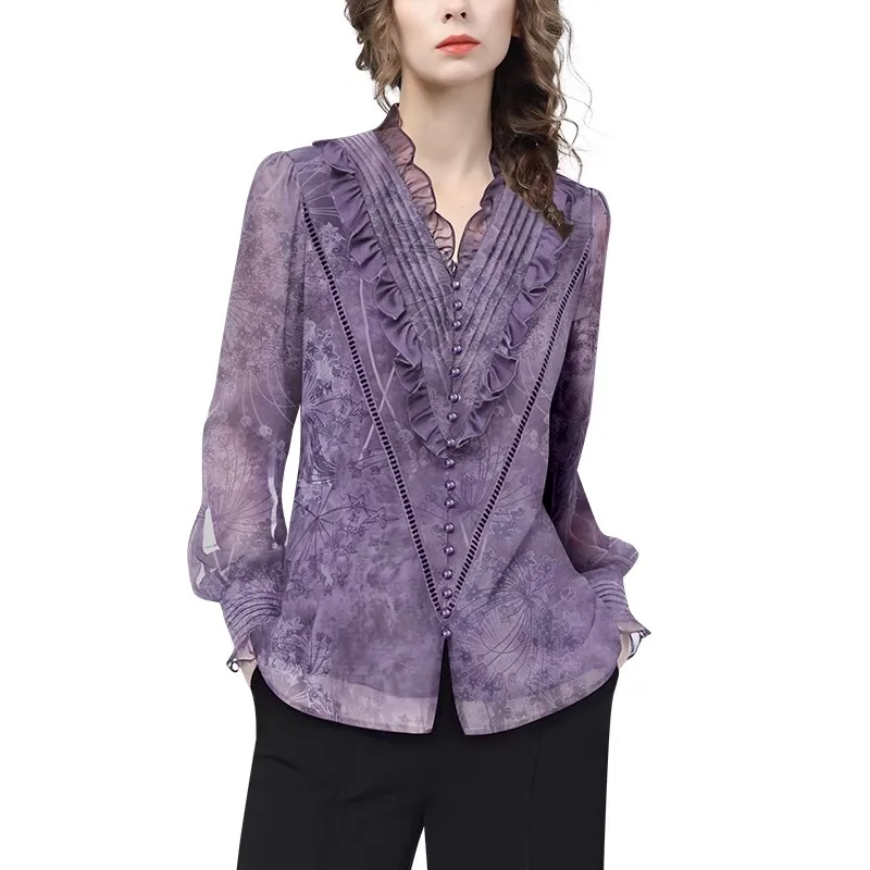 Camicetta stampata in chiffon leggero da donna alla moda Manica lunga Scollo a V Volant Top primavera estate Camicie casual larghe