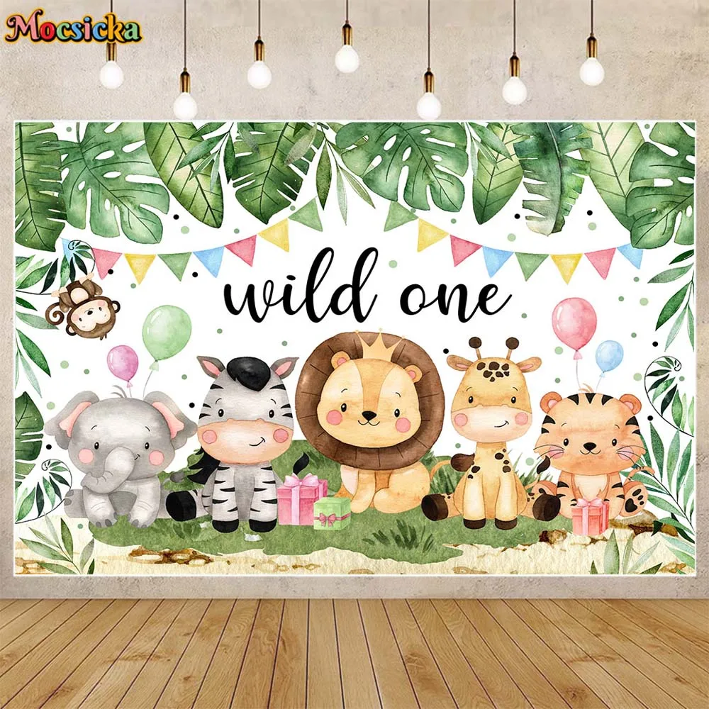 

Mocsicka Wild One Birthday Backdrop Tropical Jungle Cute Animals Boys Birthday Party Decor Photo Backgrounds Banner Photo Studio