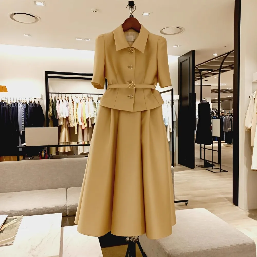 Ele Godd Set Waist-Cinching ort Sve Top with Umbrella Hem Skirt Ci Commute Ladies Faion A-Line Skirt
