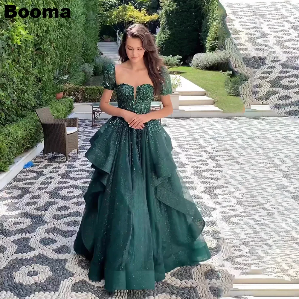 Booma-vestido de novia verde con purpurina, traje Formal de manga corta, con cola, con volantes