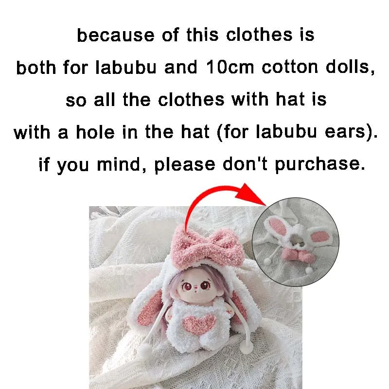 Vêtements de poupée en coton de 10cm, joli ensemble de lapin de dessin animé pour 17cm, vêtements Labubu en peluche, poupée mignonne rose, Onesie, accessoires de vêtements de bricolage