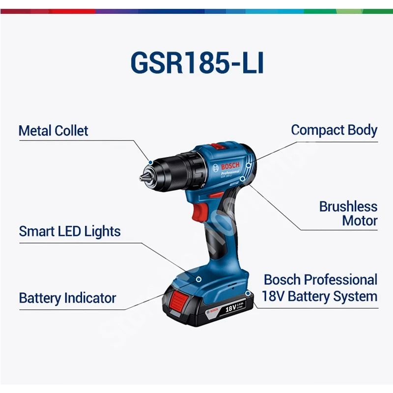 Imagem -06 - Broca Elétrica Bosch Brushless Gsr185-li Bateria de Lítio Recarregável Impact Driver Chave de Fenda sem Fio Doméstico 18v