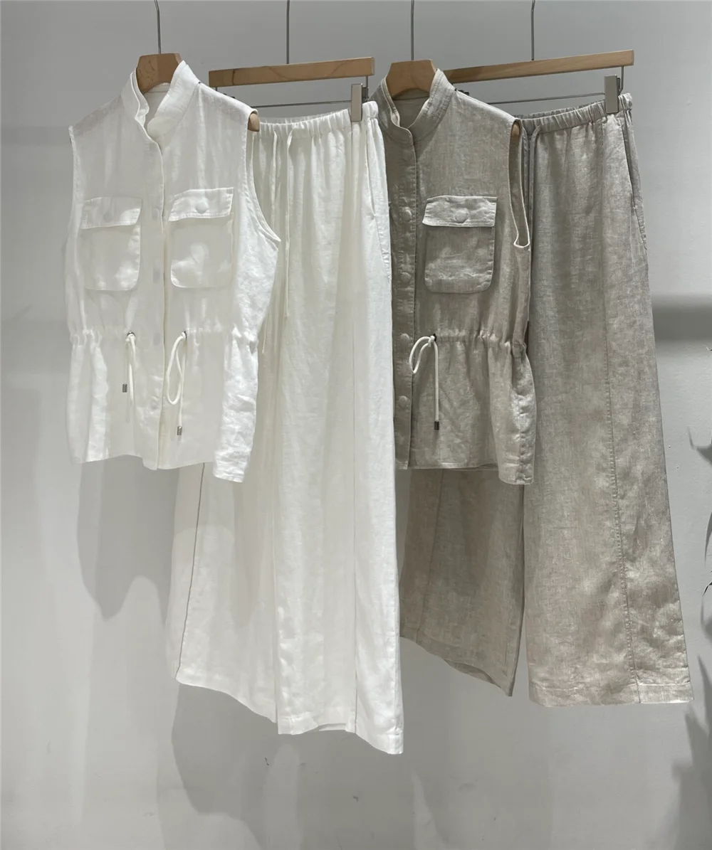 Women's Two-Piece Set Stand-Collar Waist-Cinching Linen Vest paired with Loose-Fitting Wide-Leg Beading Trousers