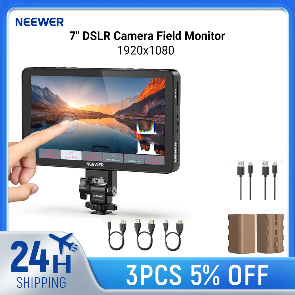 

Полевой монитор NEEWER 7" для DSLR-камер, 1200 нит, 1920x1080, сенсорный экран, 4K HDMI с 3D LUT, функция Peak Focus, видеоассистент, 4400 мАч