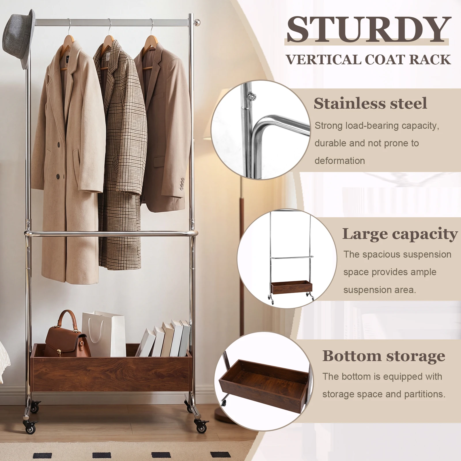 

Small Clothes Rack With Wooden Storage Box Multifunctional Stainless Steel Rack for Hanging Clothes Garment Wallets Hats