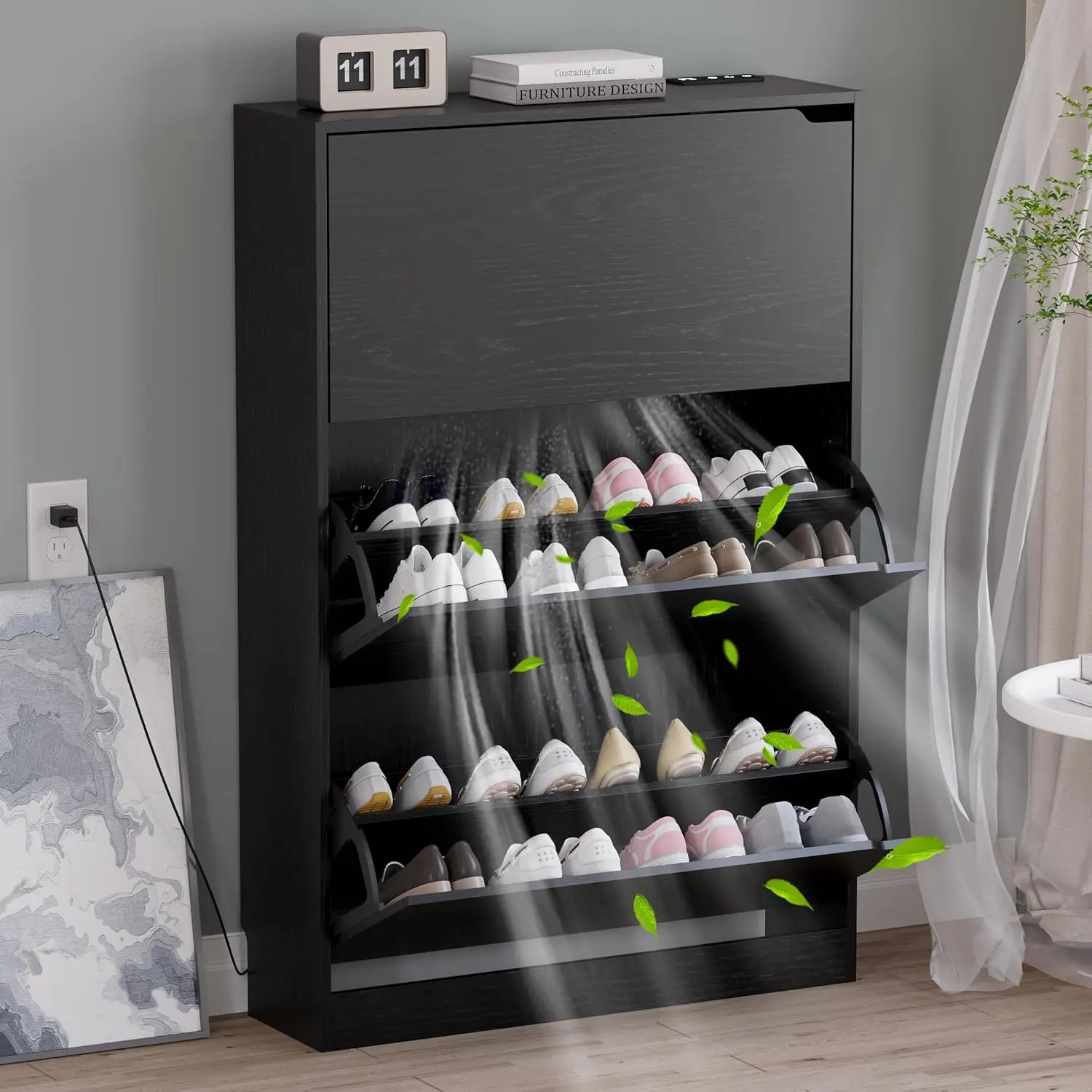 

Тумба для обуви с контролем запаха и задними панелями, узкий дезодорирующий шкаф для хранения обуви с 3 откидными секциями для прихожей, отдельно стоящий, скрытый, компактный